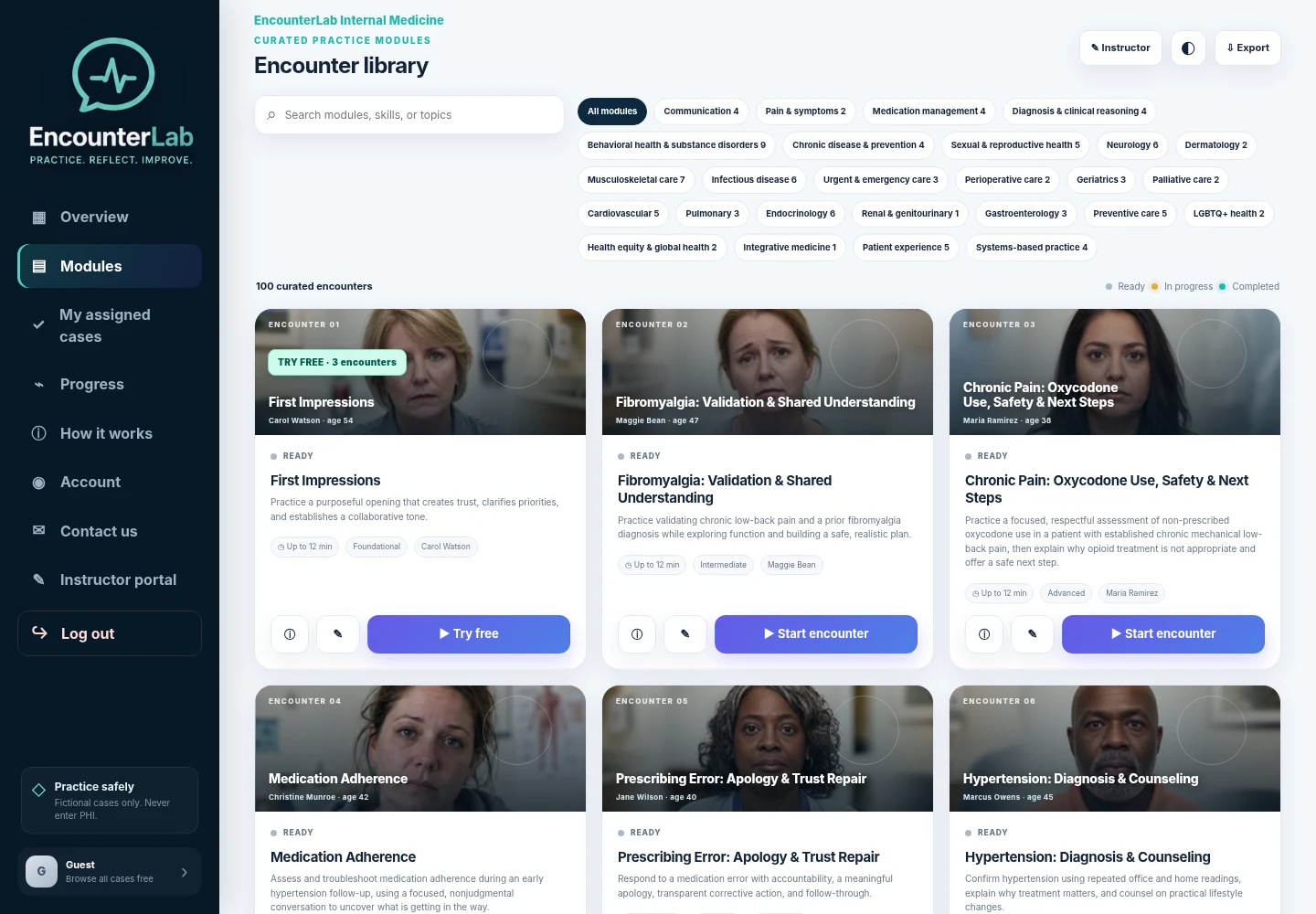 Actual EncounterLab library screen showing clinical categories and fictional patient case cards, including First Impressions and Prescribing Error